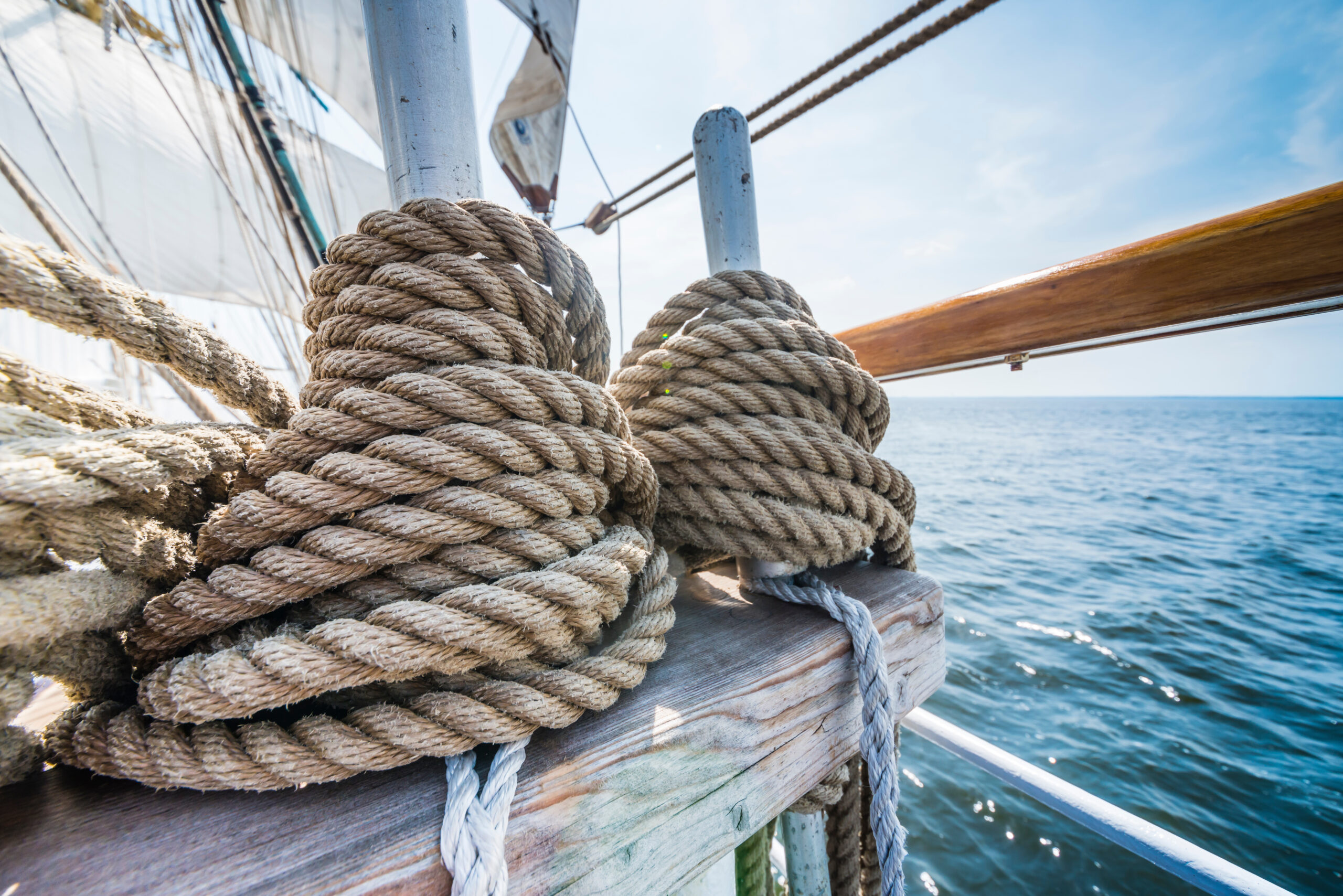 wooden pulley and ropes on an old yacht
